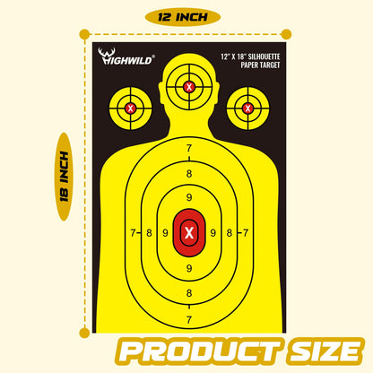 Highwild Shooting Range Silhouette Paper Target - 12X18 Inches - Suitable for Handguns, Rifles, Airguns, BB Guns (25 Pack, Black & Yellow)