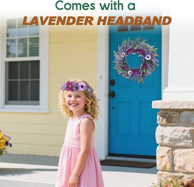 24" Lavender Wreath for Front Door - Artificial Floral Lush Summer Wreath with Adjustable Headband & DIY Decor for Wall, Home, Wedding, Party, Christmas (Purple)