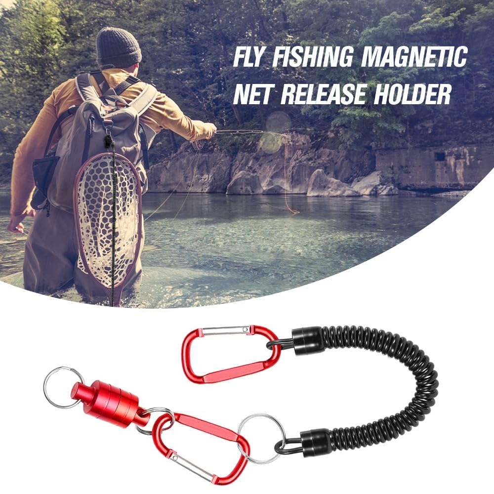 Retractor Keychain with Retractable Coiled Lanyard – 2kg/4.4lb Pull Force Fly Fishing Net Holder, Secure Attachment & Quick Access for Wading(Red)