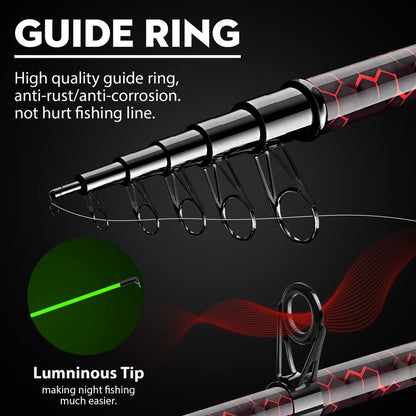 QudraKast Fishing Rod and Reel Combos - High Precision Machined Pattern Telescopic Fishing Pole and 12+1 Full Metal Ultra Smooth Spinning Reel Combos with Carrier Bag 1.8 M