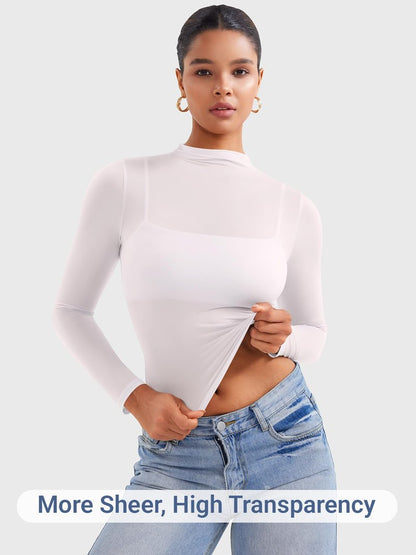 YEOREO Womens Sheer Tops Long Sleeve See Through Tops Mock Neck Slim Fit Workout Shirt Jamy Going Out Sexy Shirts White M