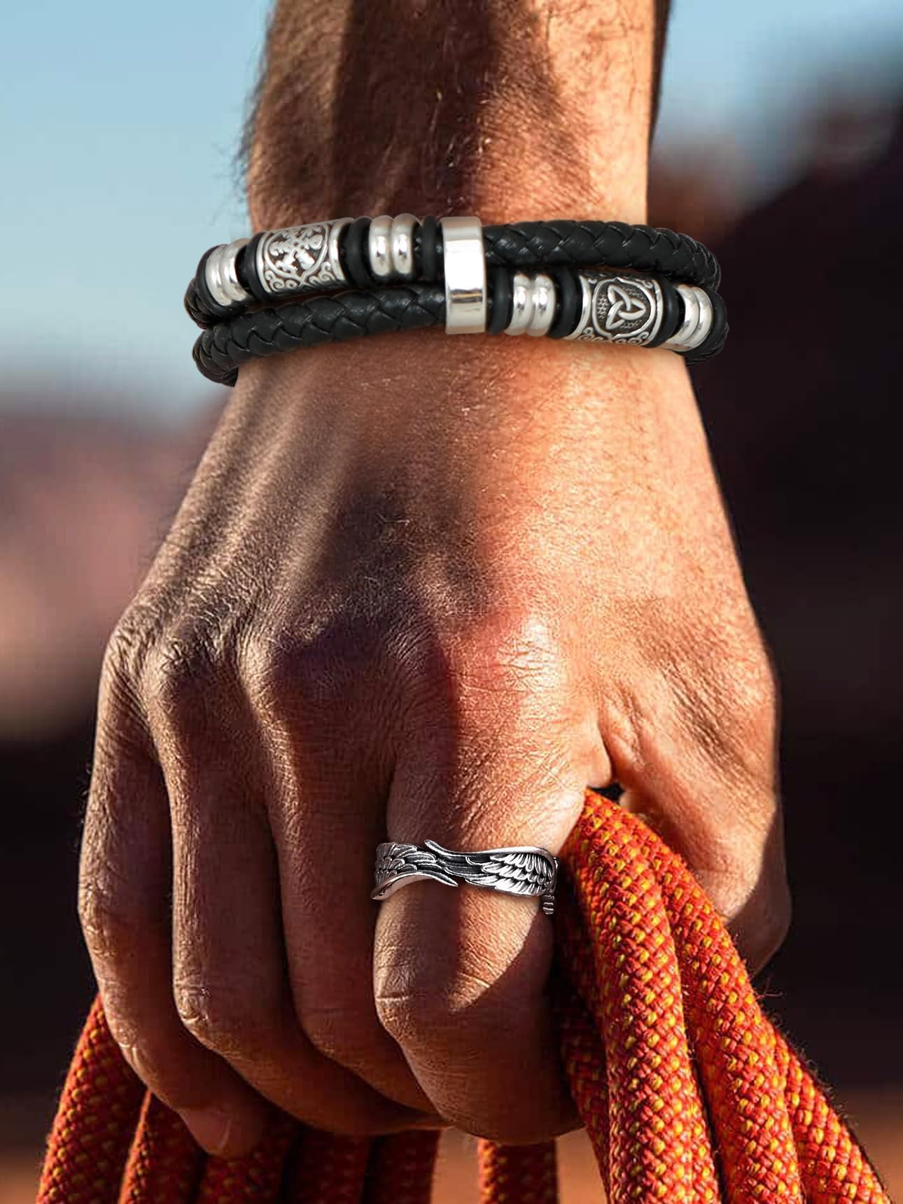 Bestyle Black Leather Bracelet for Men Double Layer Mens Leather Celtic Bracelets with Lucky Beads, Fashion Punk Retro Men Wristband Leather Bracelet Great Gift for Father Husband, 23cm/9.1 Inch