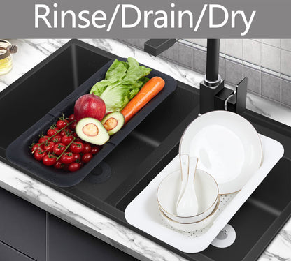 Adjustable Over the Sink Colander Strainer, Silicone Clip On Strainer for Pots Strainers and Plastic Colanders Drainer Basket for Food Pasta Vegetables Kitchen, Extendable 14.5"-19.5", Green