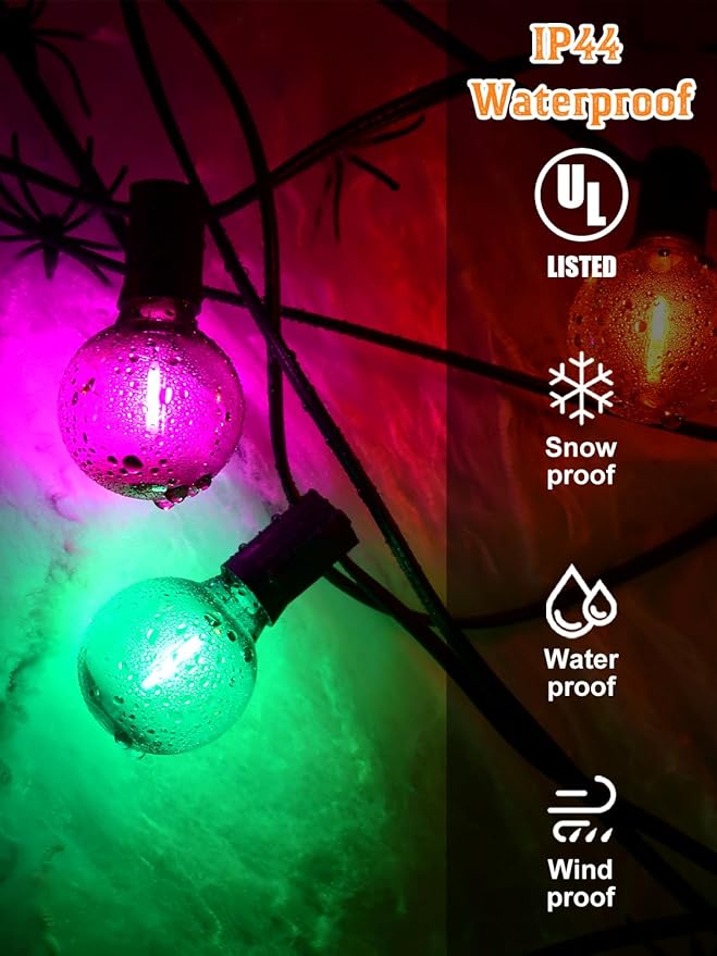 25FT G40 LED Outdoor Halloween String Lights, Orange Purple and Green Halloween Decoration Lights with 25 Globe LED Bulbs, UL Listed Hanging String Lights for Holiday Porch Garden Patio