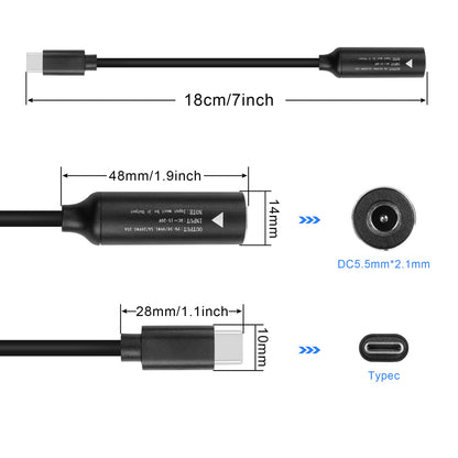 GINTOOYUN PD65W DC5525 to USB-C Charging Cable DC5.5mmx2.5mm Round Female to Type-C Charger Power Adapter Cable for Laptops,Mobile Phones,Tablets, Rechargeables,etc(7Inch)
