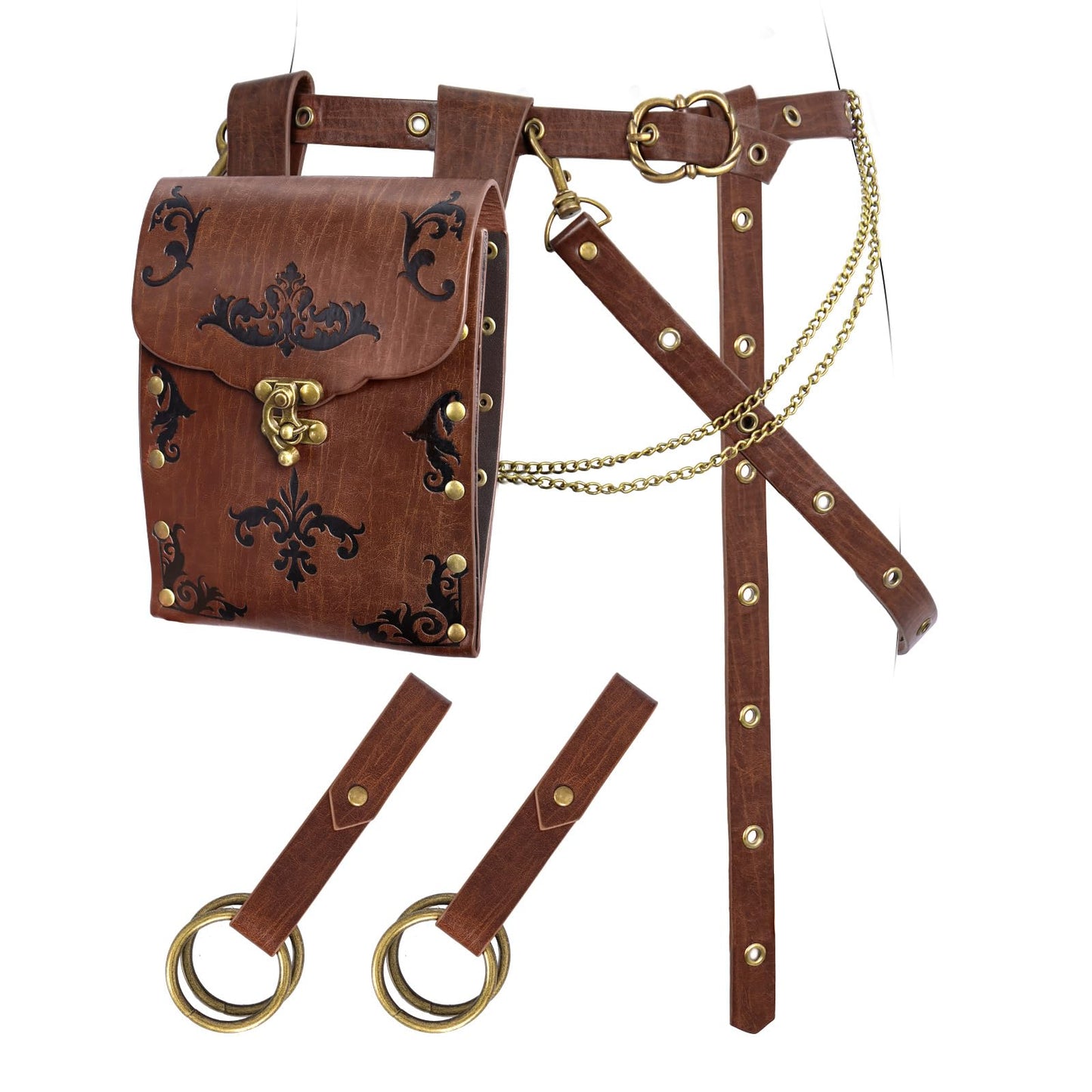 TobWeaL Renaissance Pirate Chain Belt Pouch Set - Medieval Viking Skirt Hike Faux Leather Waist Bag Costume Accessories for Cosplay (Brown)