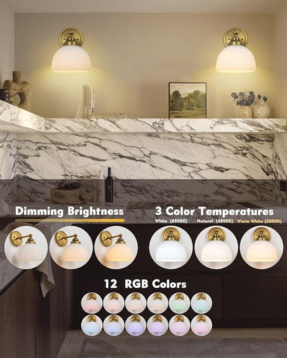HEQIQEH Vintage Rechargeable Battery Operated Sconce Ribbed White Glass Shade Wall Lighting with Remote Control Dimmable Wall Mounted Lamp Fixture for Bedroom Vanity Bathroom Living Room
