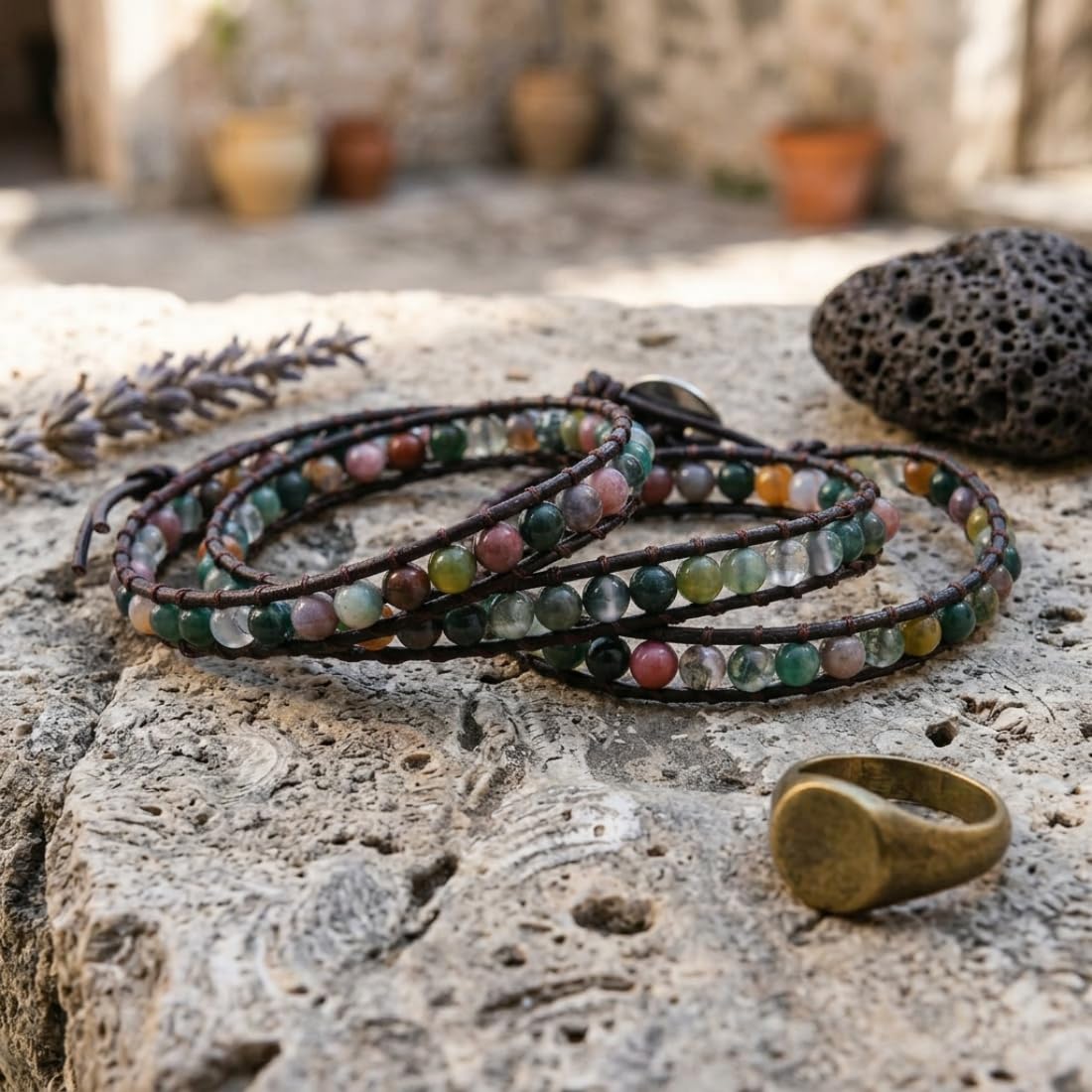 YGLINE Handmade Leather Wrap Bracelet Agate Wrap Adjustable Bead Bracelet