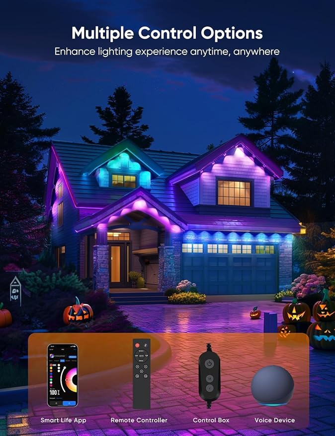 APPECK Permanent Outdoor Lights Pro 150ft, 108W RGBCW Eaves Lights with 108 LED Lights, 80lm, Cuttable, 111 Scene Modes, IP67 Waterproof Lighting for Halloween Decoration, Work with Alexa, White