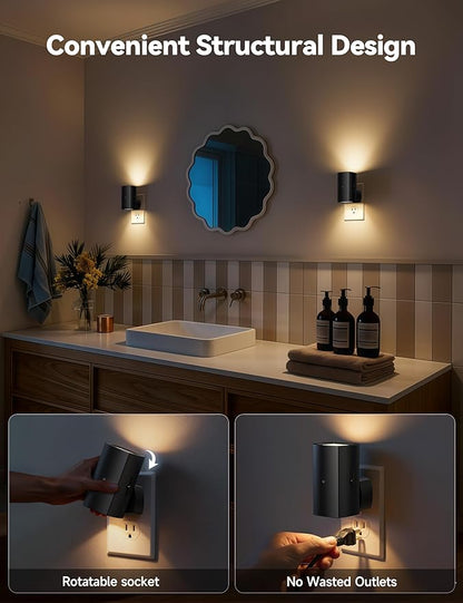 Brightown 2 Pack Night Lights Plug into Wall, Modern Night Light with Rotating Plug, Dusk to Dawn Sensor, 0-100LM Stepless Dimming Aora Night Light for Hallway Bedroom Bathroom, Soft White