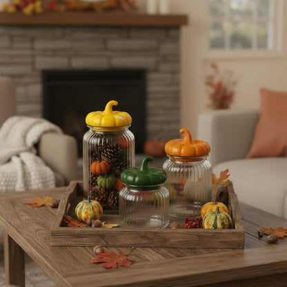 Mimorou 3 Set Pumpkin Glass Jar with Pumpkin Airtight Ceramic Lid 44 oz 33 oz 22oz Fall Clear Candy Jar Food Storage for Thanksgiving Party Cookie Table Decoration(Yellow, Orange, Green,Autumn)