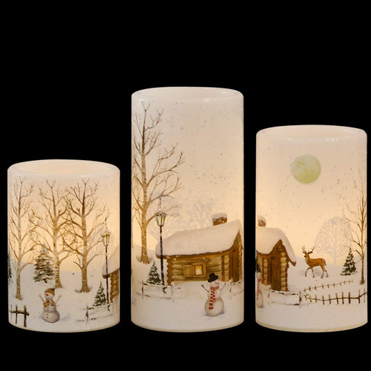 GenSwin Christmas Snowman Flameless Candles Flickering Battery Operated with Timer, Real Wax Led Pillar Candles Warm Light, Christmas Snowman Deer Home Decor Gift(Pack of 3)