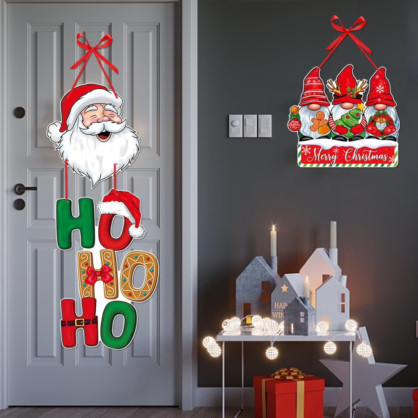 Merry Christmas Home Front Porch Door Hanger Decor Red Green Party Paper Signs Banners Tree Elk Snowman Santa Claus Wall Hanging Indoor Decorations