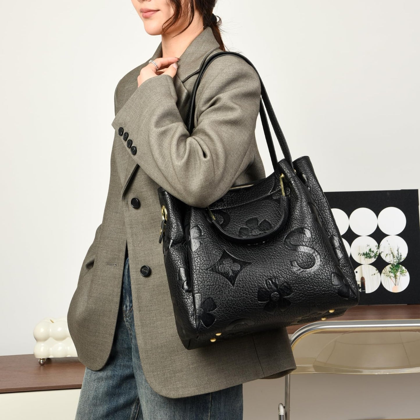 Travistar Floral Handbags and Purses Women - Retro Embossed Leather Top Handle Handbag Large Women's Shoulder Bag 3-in-1 Trendy Hobo Purse Ladies Bucket Satchel Bags Black Work Tote