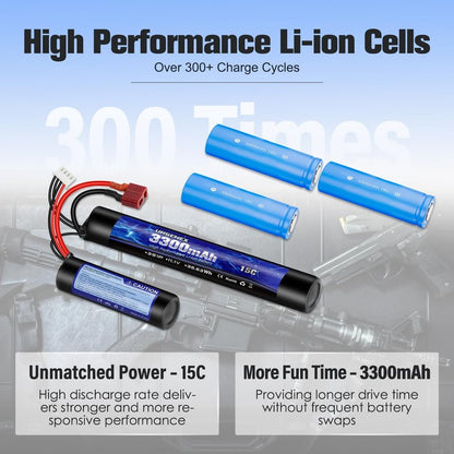 URGENEX Airsoft Battery 3300mAh High Capacity 11.1V Nunchuck RC Battery with Dean-Style T Plug & Mini Tamiya Cable 3S Butterfly Stick Airsoft Li-Ion Fit for aeG AK47 M4 MP5 and Most Airsoft Gun Rifle