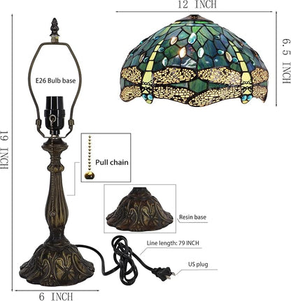 Tiffany Lamp Stained Glass Table Lamp Bedside Reading Light W12H19 Inches (Sea Blue Dragonfly Style)