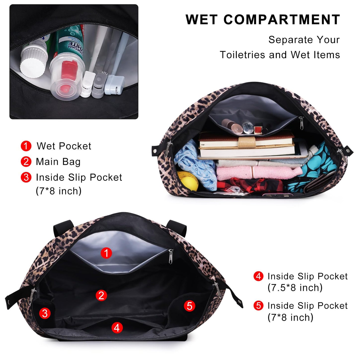 HAWEE Expandable Duffel Bag for Women with Trolley Sleeve and Wet Pocket Water Repellent Weekender Travel Tote Large Capacity Carry On Overnight Luggage, Leopard
