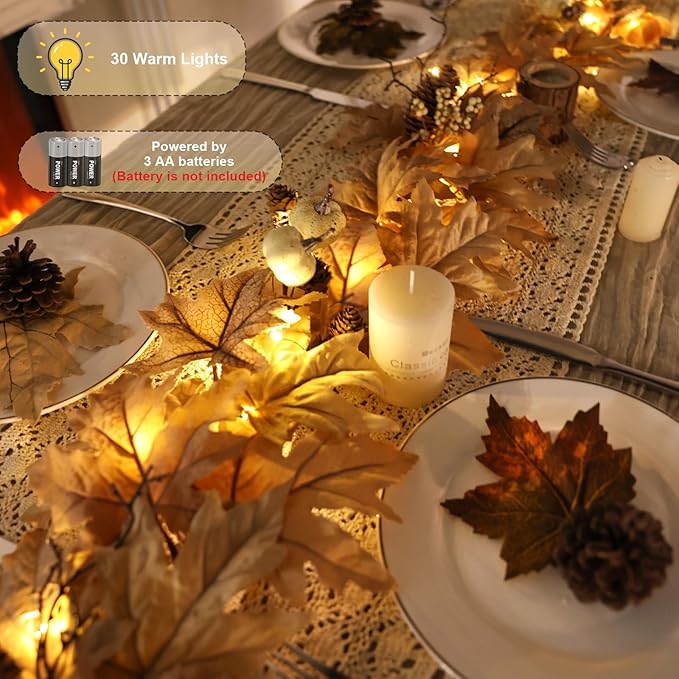 6 FT Fall Garland with Lights Timer Function Autumn Fall Leaves Garland with Berries Pine Cones Pumpkins Realistic Automatic ON/Off Timer Fall Decorations for Home Mantle Fireplace Porch Door Table