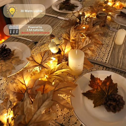 9 FT Fall Garland with Lights Timer Function Autumn Fall Leaves Garland with Berries Pine Cones Pumpkins Realistic Automatic ON/Off Timer Fall Decorations for Home Mantle Fireplace Porch Table