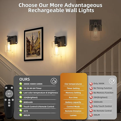 Battery Operated Wall Sconce with Remote Wall Light Rechargeable Wireless Cordless Led Glass Wall Lamp Indoor with 3 Color Temperature Dimmable E26 Edison Bulbs for Bedroom Bathroom Hallway Black