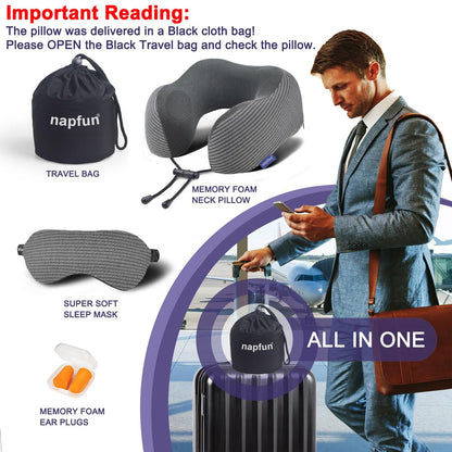 napfun Neck Pillow for Traveling, Upgraded Travel Neck Pillow for Airplane 100% Pure Memory Foam Travel Pillow for Flight Headrest Sleep, Portable Plane Accessories, Light Grey