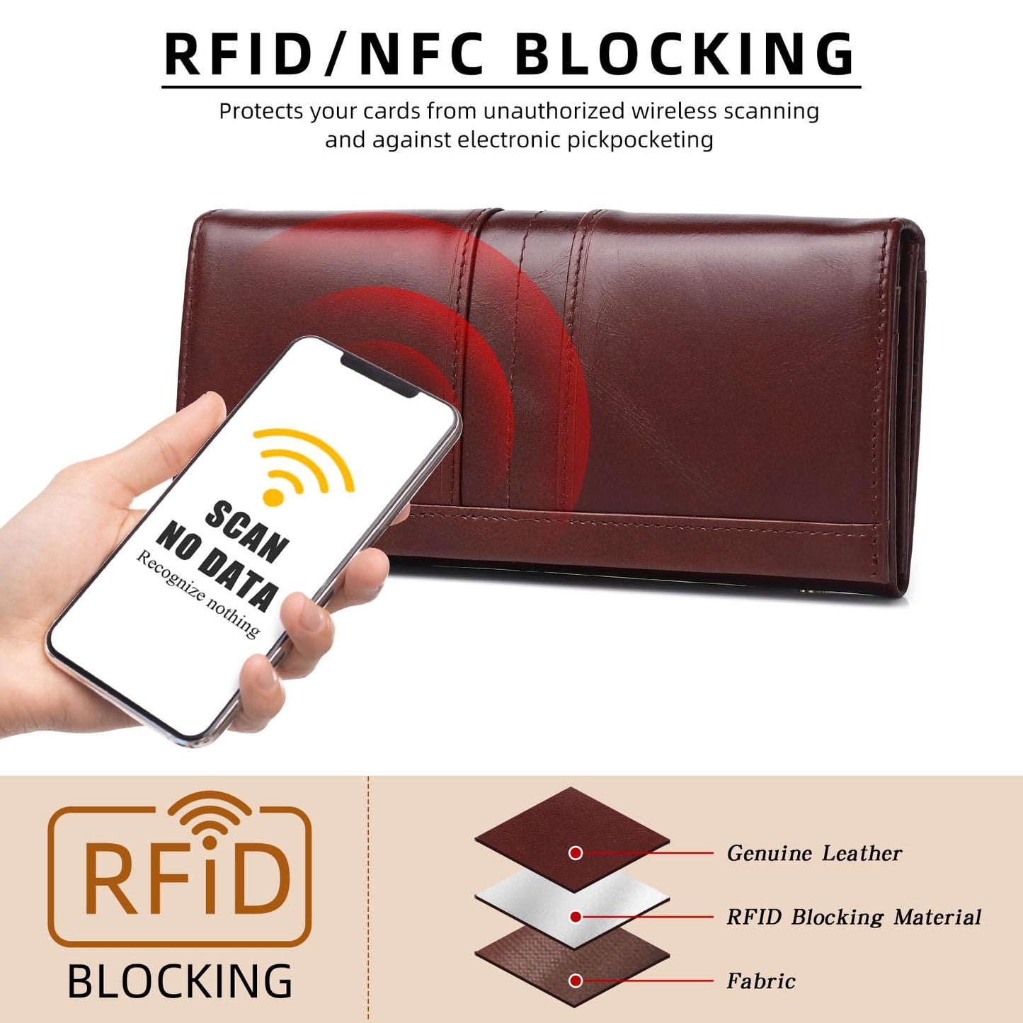 FREYAMIRA RFID Blocking Wallets for Women Leather Long Ladies Wallet Bifold Womens Wallet with Coin Pocket ID Window,Coffee