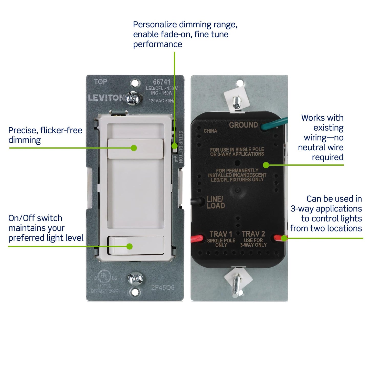 Leviton SureSlide LED Advanced Dimmer Switch for 150W Dimmable LED, Halogen and Incandescent Bulbs and Fixtures, 66741-W, White