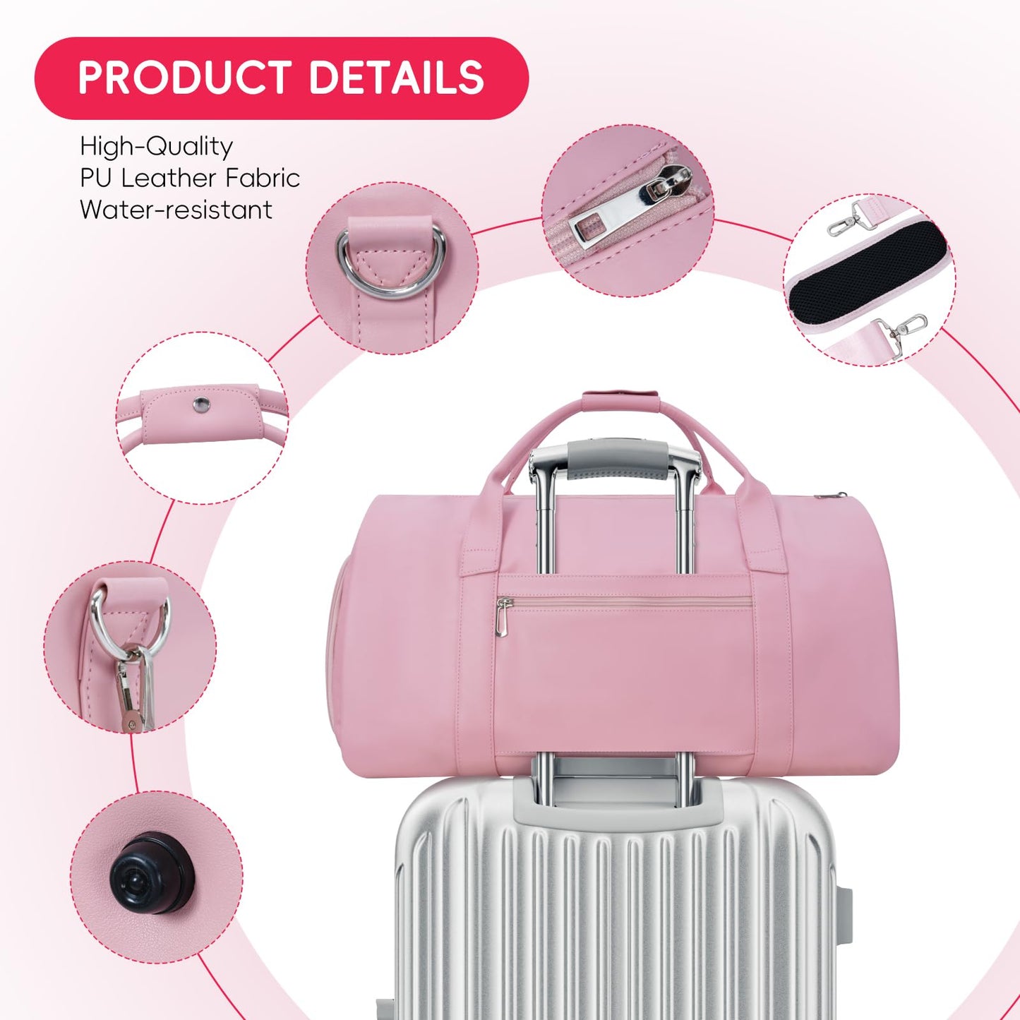 Modoker Leather Garment Bag for Travel – 2-in-1 Carry-On Suit Bag & Weekender for Women – Wedding Dress Luggage with Shoe Compartment & Shoulder Strap – Ideal for Business Trips,Pink