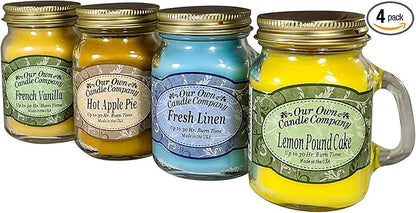 Our Own Candle Company 4 Pack Everyday Assortment Mini Mason Jar Candles - French Vanilla, Fresh Linen, Lemon Poundcake, Hot Apple Pie
