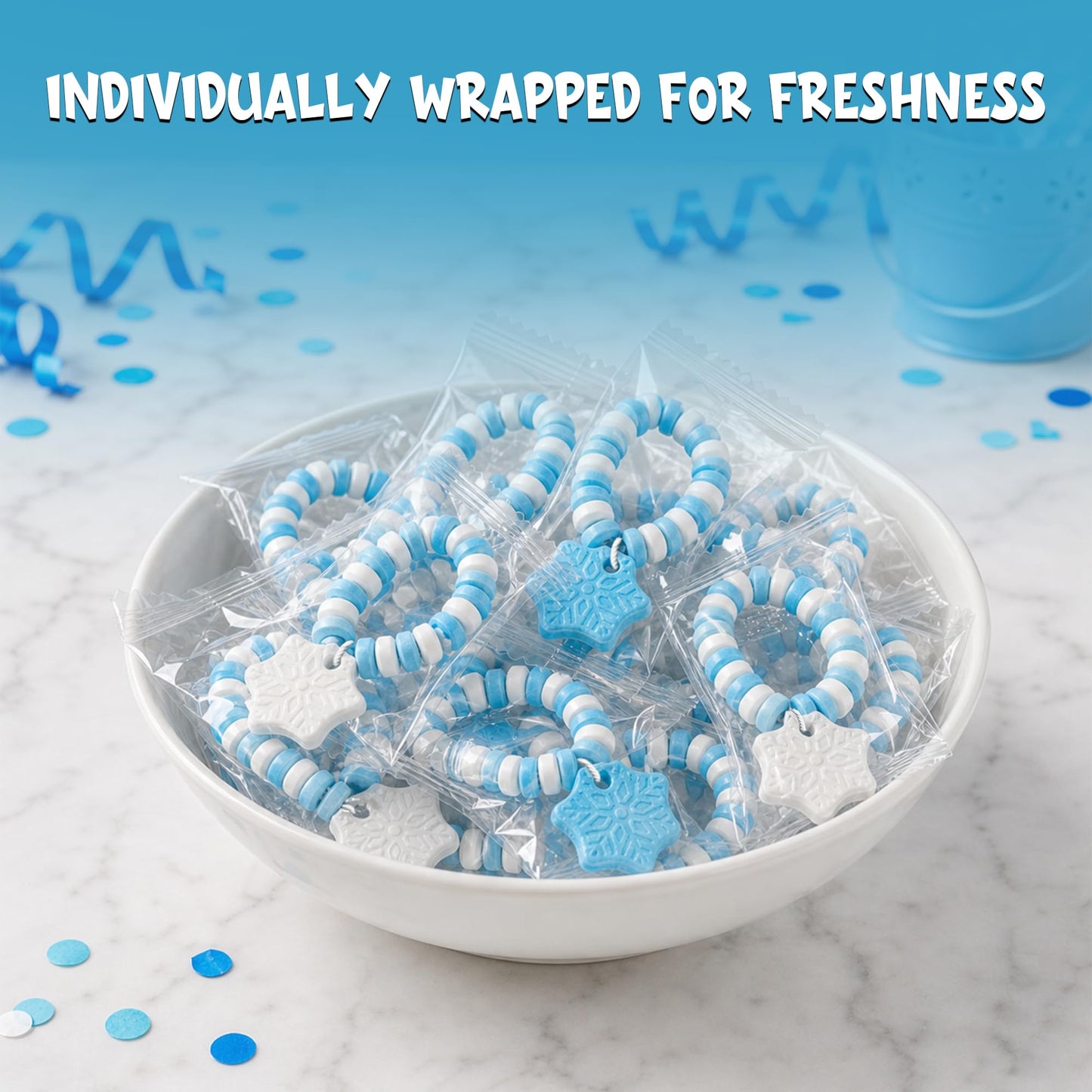 Snowflake Candy Bracelets – 30 Count Bulk Value Pack, Individually Wrapped Suckers – Winter Candy Blue and White Snow Flake Shaped – Birthday Treats – Frozen Party Favors – Goodie Bag Stuffers for Kids – Pinata Filler