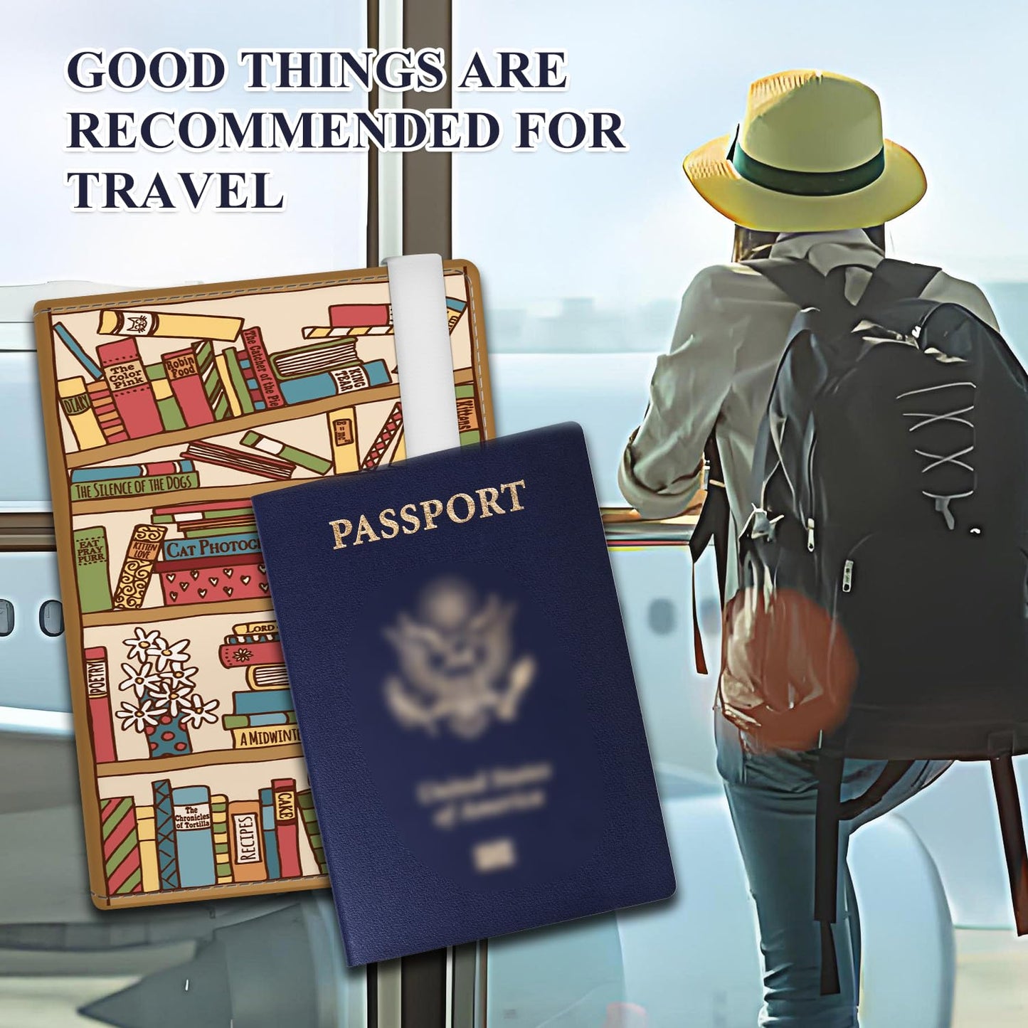 ATJFKIXL Passport Holder for Travel Essentials, RFID Premium Leather Passport Wallet Cover Case for Travel Must Haves Accessories, Passport Holders for Women Men Cute Book Shelf