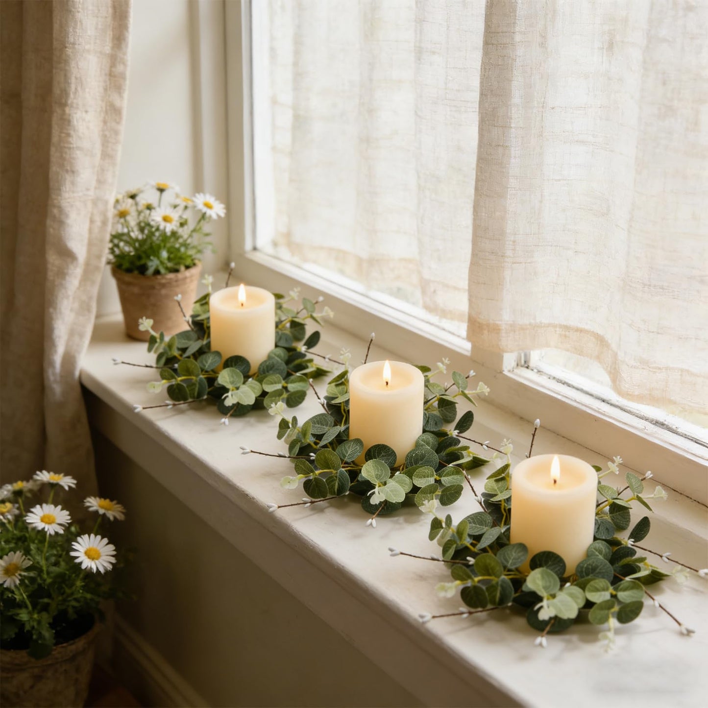 4 Pcs Small Spring Summer Candle Ring Wreaths with Artificial Eucalyptus Greenery White Buds Branches Mini Pillar Candle Holder Wreath for Home Table Centerpieces Kitchen Wedding Farmhouse Party Decor
