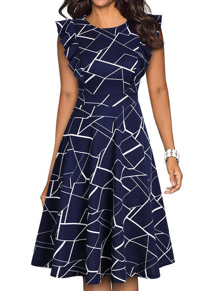YATHON Women's Vintage Ruffle Floral Flared A Line Swing Casual Cocktail Party Dresses (L, YT001-Blue w Stripe)