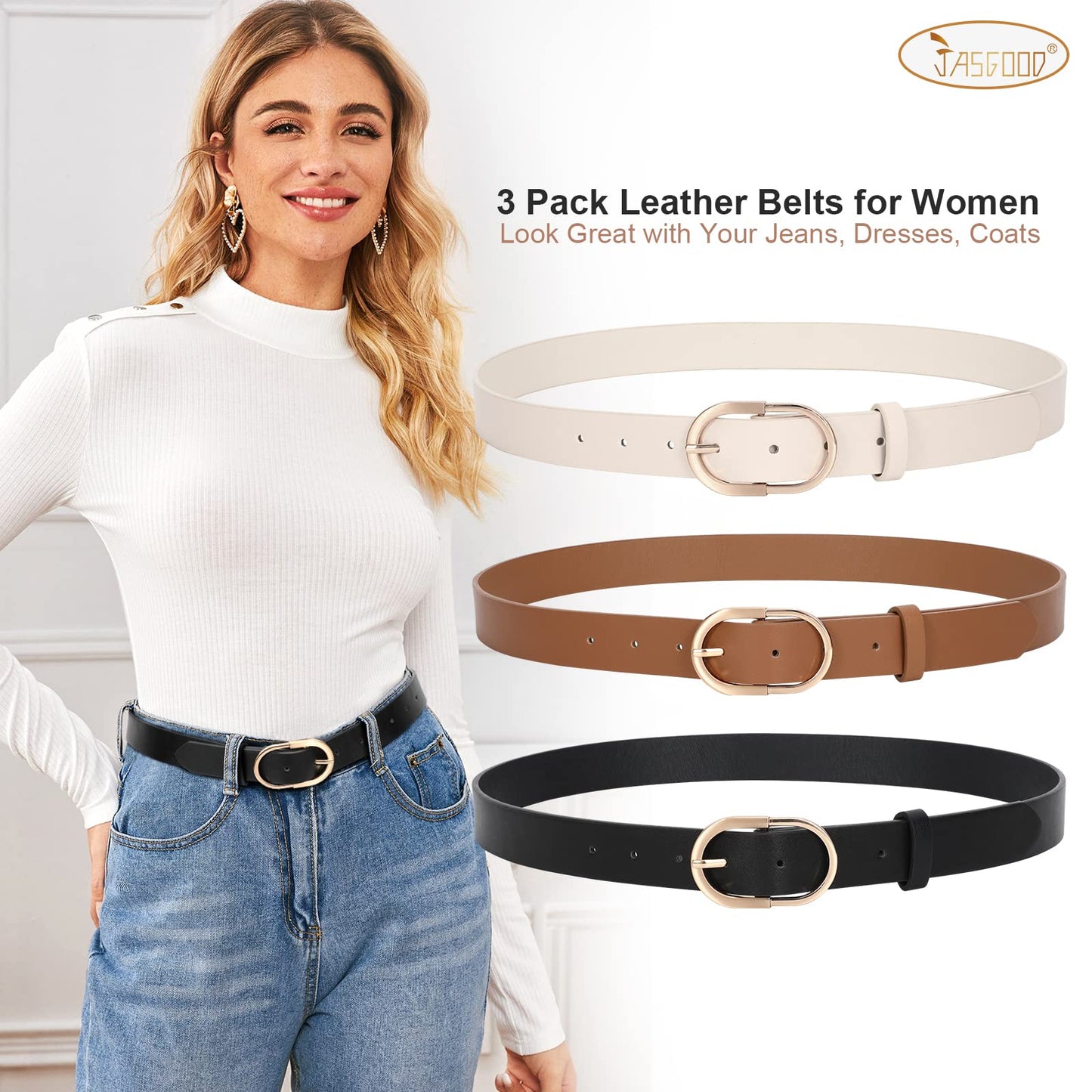 JASGOOD 3 Pack Women’s Leather Belts for Jeans Pants Fashion Ladies Belt with Gold Buckle D-Black+Brown+Beige