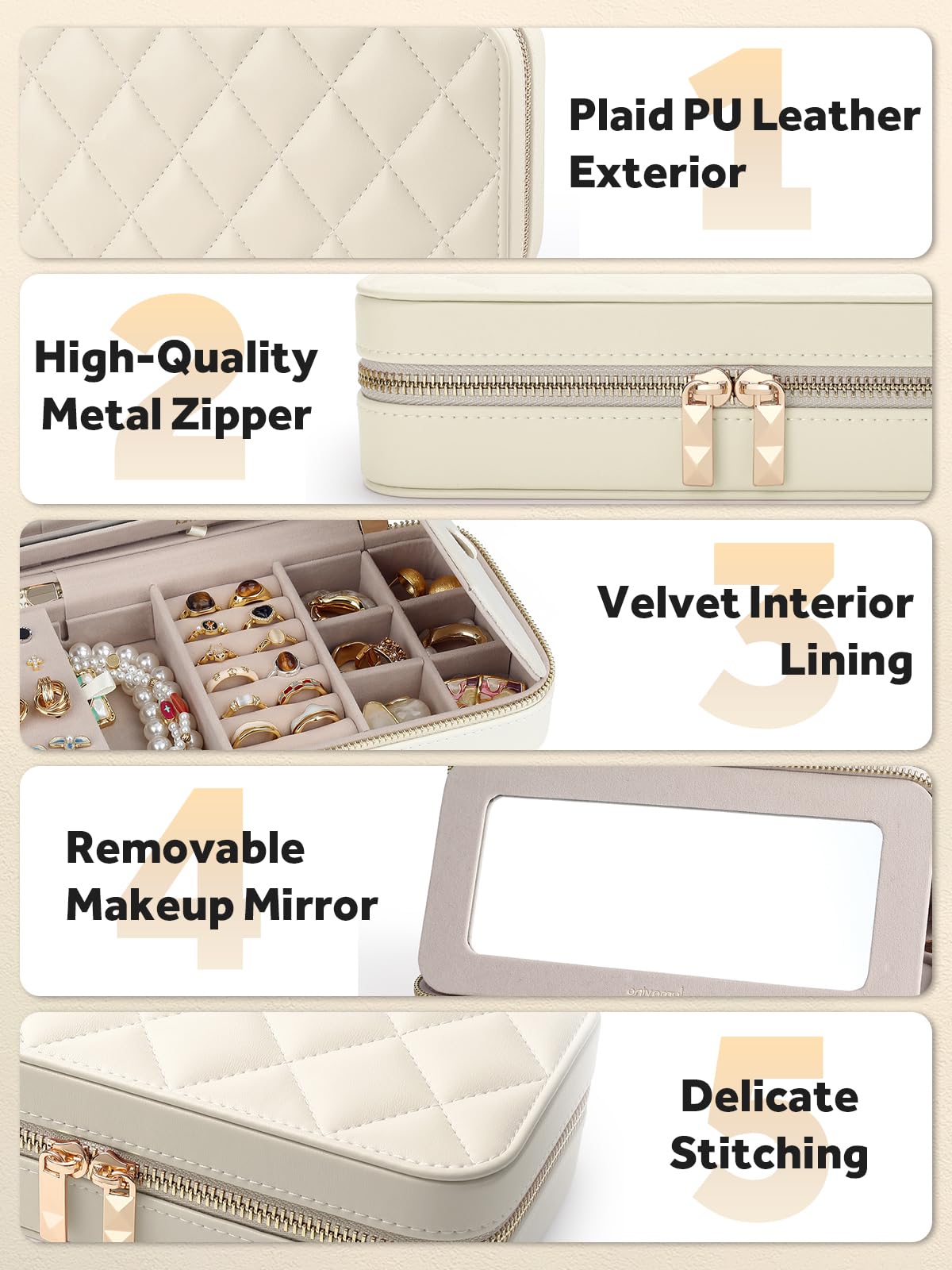 Lumayina Travel Jewelry Case with Mirror, Quilted Small Jewelry Box Organizer for Women Girls, Portable Earring Necklace Bracelet Ring Holder Storage for Travel Weekend Trips (Beige)
