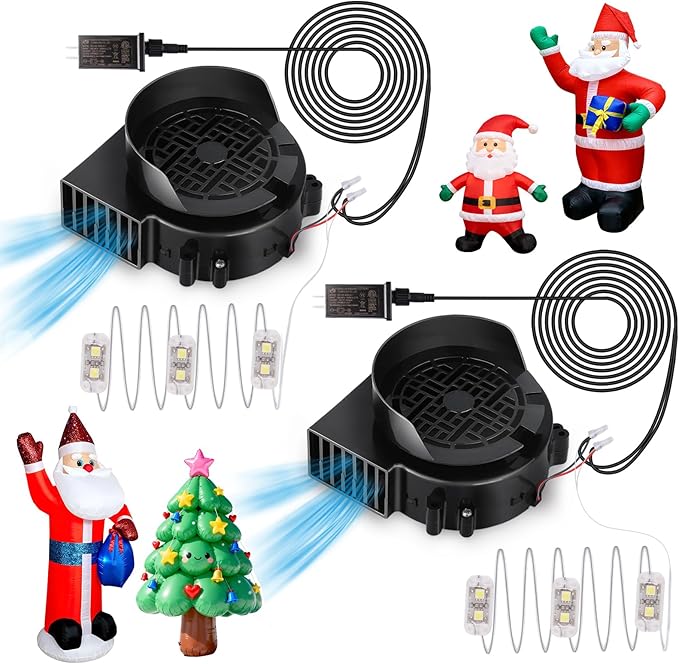 2-Pack Inflatable Fan Replacement, 0.8A Air Fan Blower with 1.0A Adapter and 3 LEDS Bulbs Light Strings for Halloween, Thanksgiving and Christmas Inflatables (IP68 Waterproof, 3.8 * 3.8'')