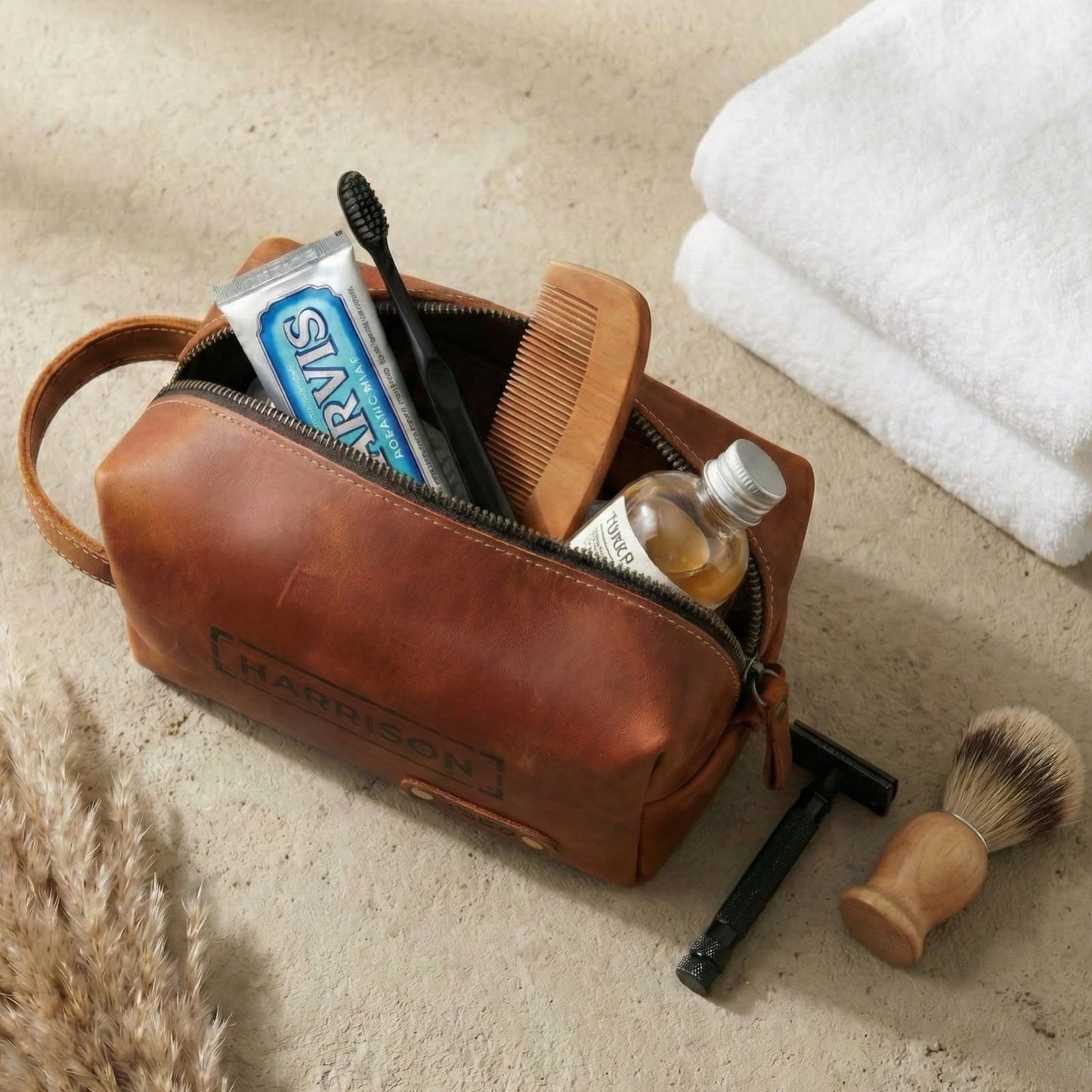 Personalized Toiletry Bag for Men – Genuine Leather Dopp Kit with Custom Engraved Name or Initials – Travel Shaving Bag Gift for Dad, Husband, Groomsmen, Boyfriend, Christmas, Birthday, Anniversary
