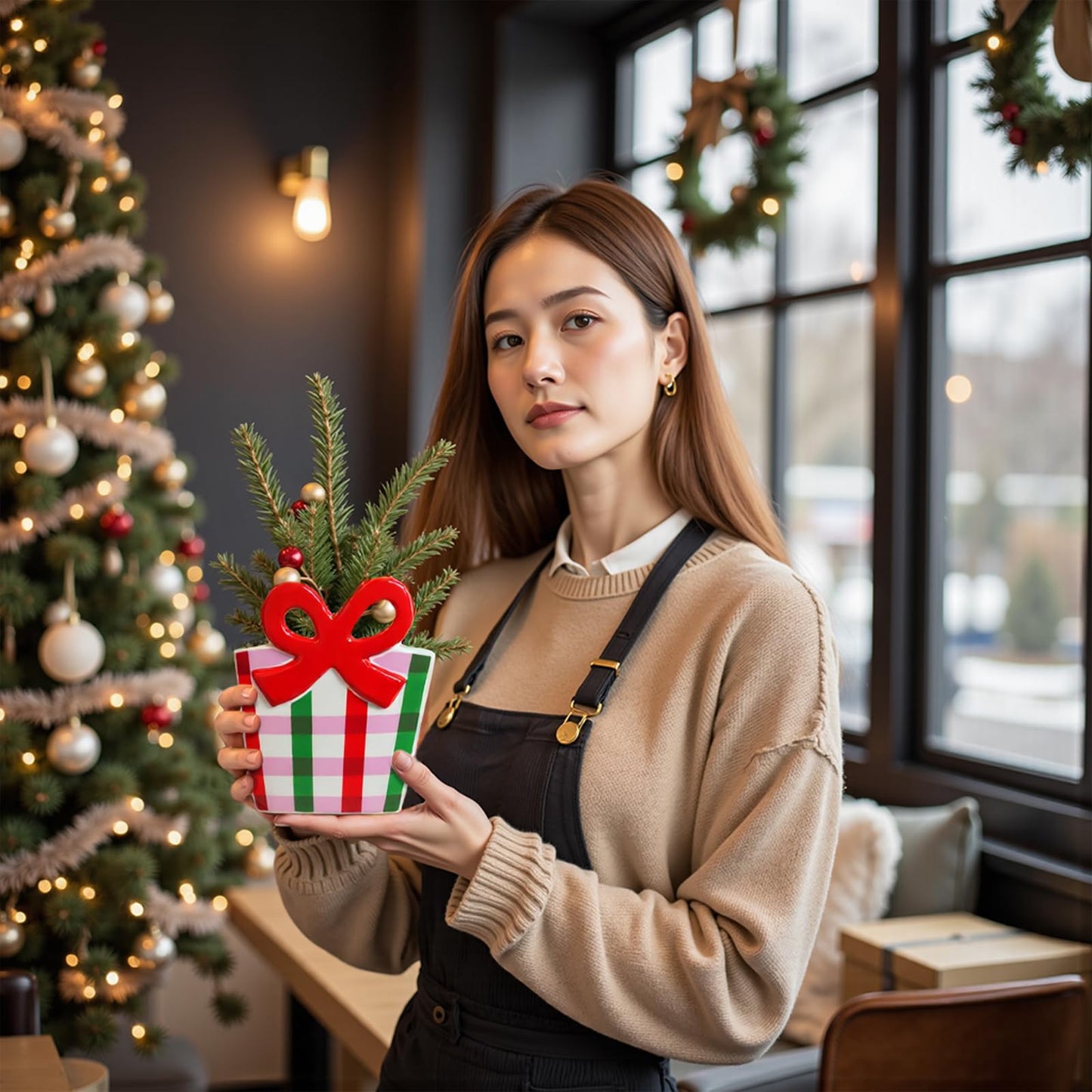 DIF DECO Red Bow Christmas Vase, 6.5 Inch Ceramic Unique Wide Paper Bag Vase, Xmas Cute Holiday Flower Pot for Centerpieces/Home/Living Room/Shelf Table, Modern Decor