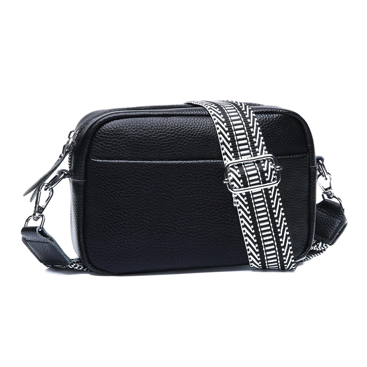 Utenwat Small Crossbody Bags for Women Genuine Leather, Guitar Strap Shoulder Handbag Purse Camera Bag with Rfid Card Slots, Black