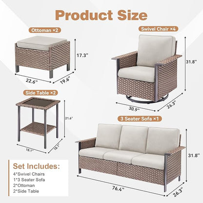 Outdoor Patio Furniture Set-9 Pieces All-Weather Wicker 3 Seater Sofa with Swivel Rocker Patio Chairs Set of 4, Wicker Outdoor Conversation Sets for Porch Deck Backyard Garden Brown/Beige