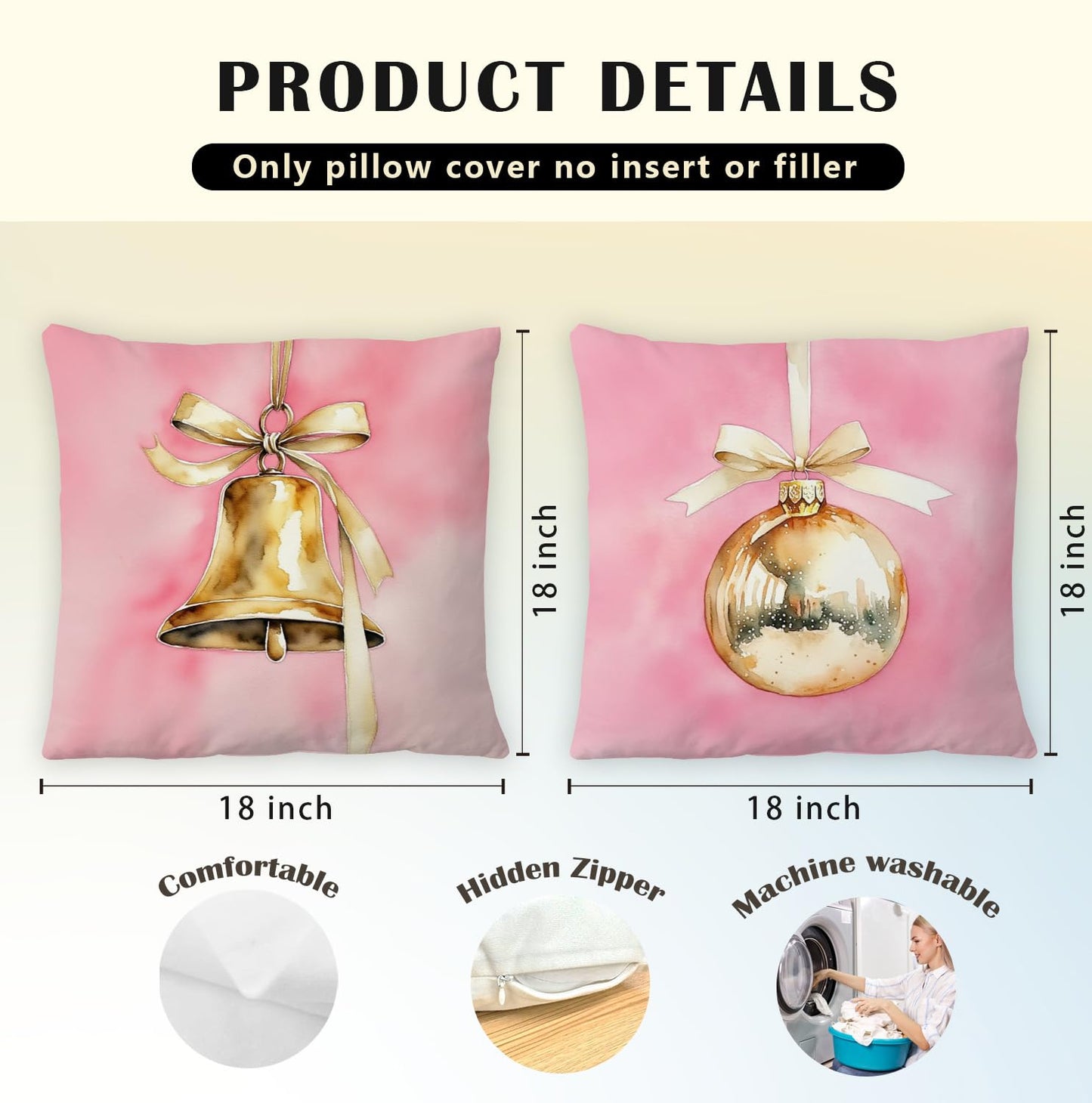JINYO Coquette Gold Christmas Bauble Bell Pillow Covers 18x18, Coquette Christmas Decor, Pink and Gold Xmas Ornament Holiday Throw Pillow Covers for Home Room Dorm Apartment Sofa Couch Set of 2