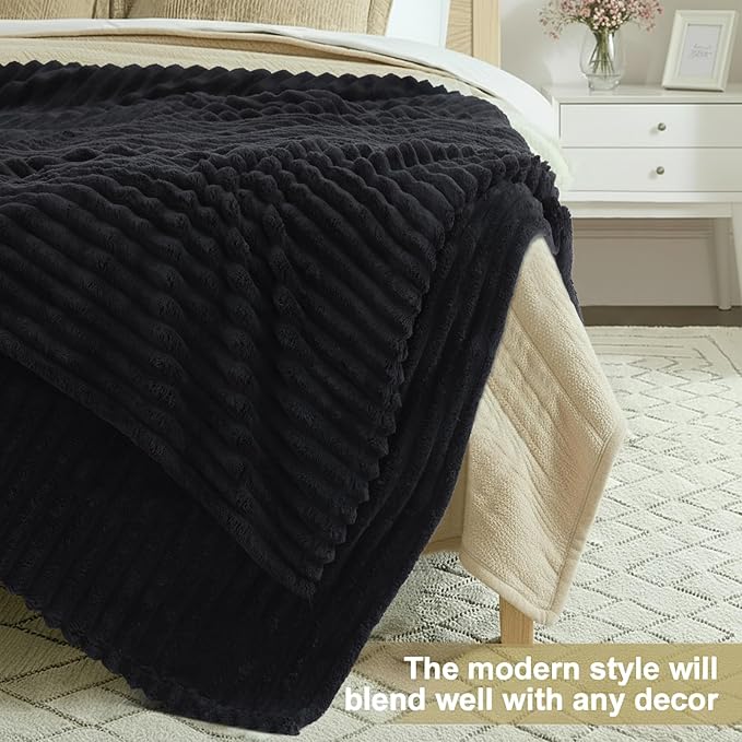 decorUhome Soft Fleece Black Throw Blanket for Couch, Cozy Fluffy Plush Flannel Striped Blanket for Sofa Bed, Lightweight Decorative Ribbed Fuzzy Blanket for Woman, 50x60 Inches
