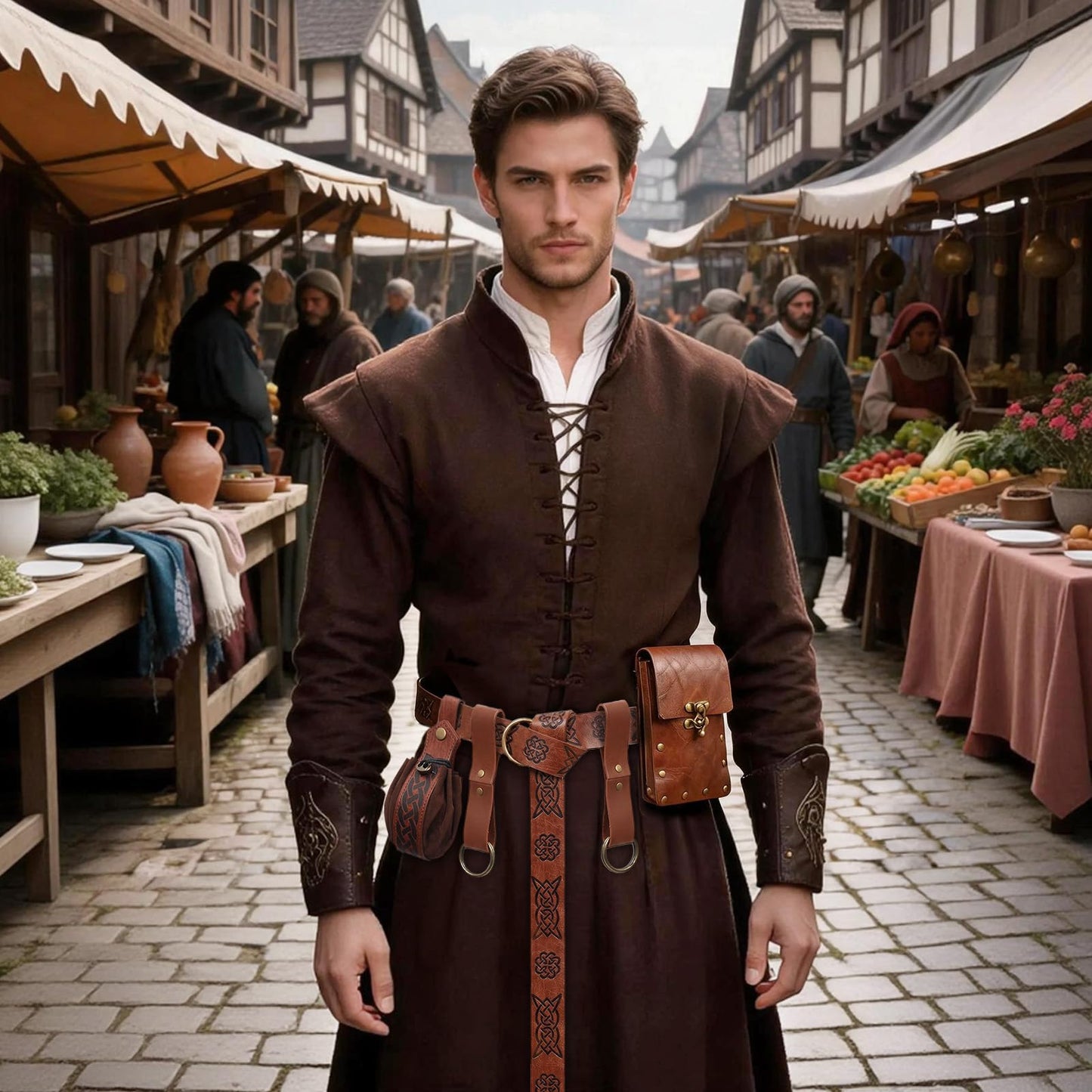 Renaissance Medieval Belt Pouch Set - Medieval Accessories with Pirate Belt Waist Bag Purse for Halloween & Cosplay (Brown-A)