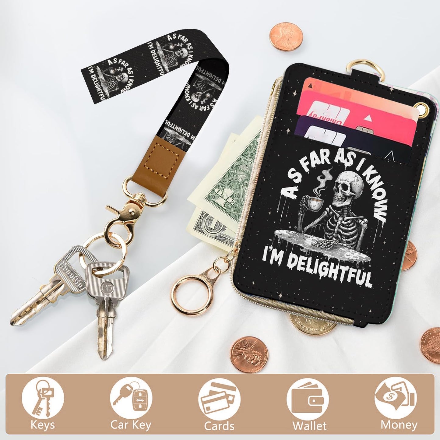 bolimoss Skeleton Lanyard Wallet with Id Badge Holder, RFID Leather Small Credit Card Holder with Keyring,Small Keychain Wallet with Breakaway Wrist Neck Strap