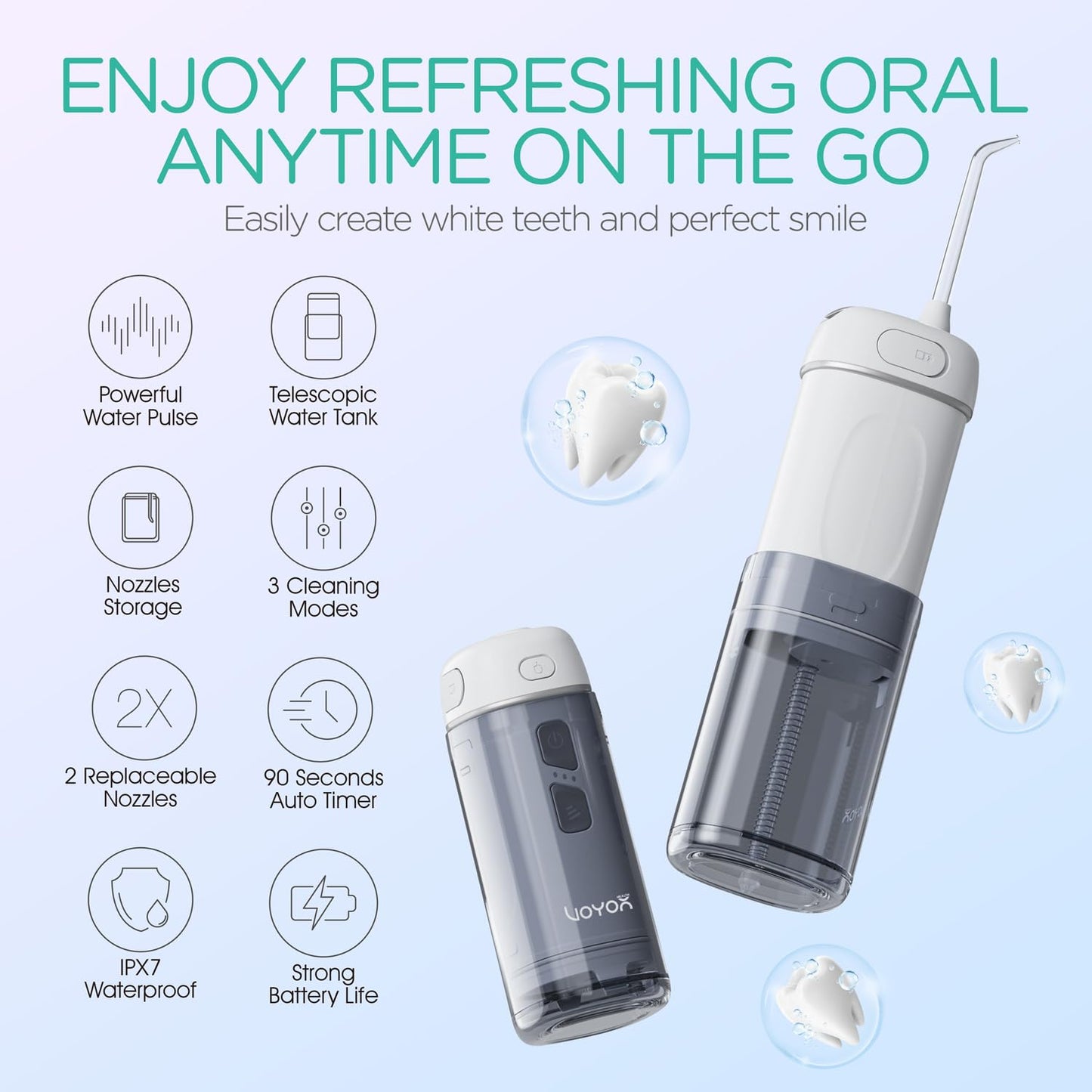 VOYOR-HEALTH Portable Water Flosser Cordless, Mini Travel Oral Irrigator with Telescopic Water Tank, IPX7 Waterproof Water Dental Flosser for Teeth Cleaning Braces & Dental Care WF510 (Light Green)