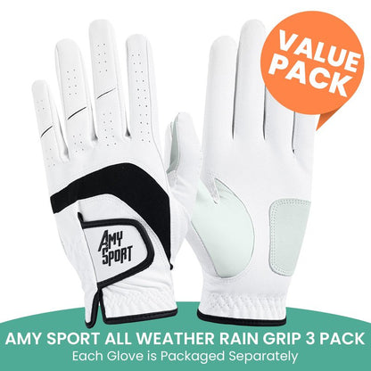 Amy Sport Golf Gloves Men Right Handed Golfer Left Hand 3 Pack PU Leather All Weather Grip Soft Breathable Flexible for Mens