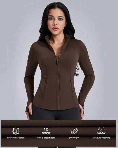 AVGO Womens Workout Jackets Lightweight Athletic Zip Up Jacket Slim Fit Running Gym Top with Pockets & Thumb Holes(Roasted Brown, S)