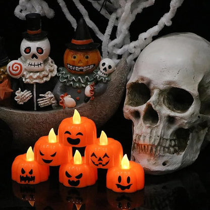 Halloween Flameless Candles with 6H Timer, Pumpkin Tea Lights with Ghost Face Flickering, LED Candles Battery Operated Fall Decor 6 Pack Φ 1.9" H 1.6" for Halloween Decorations