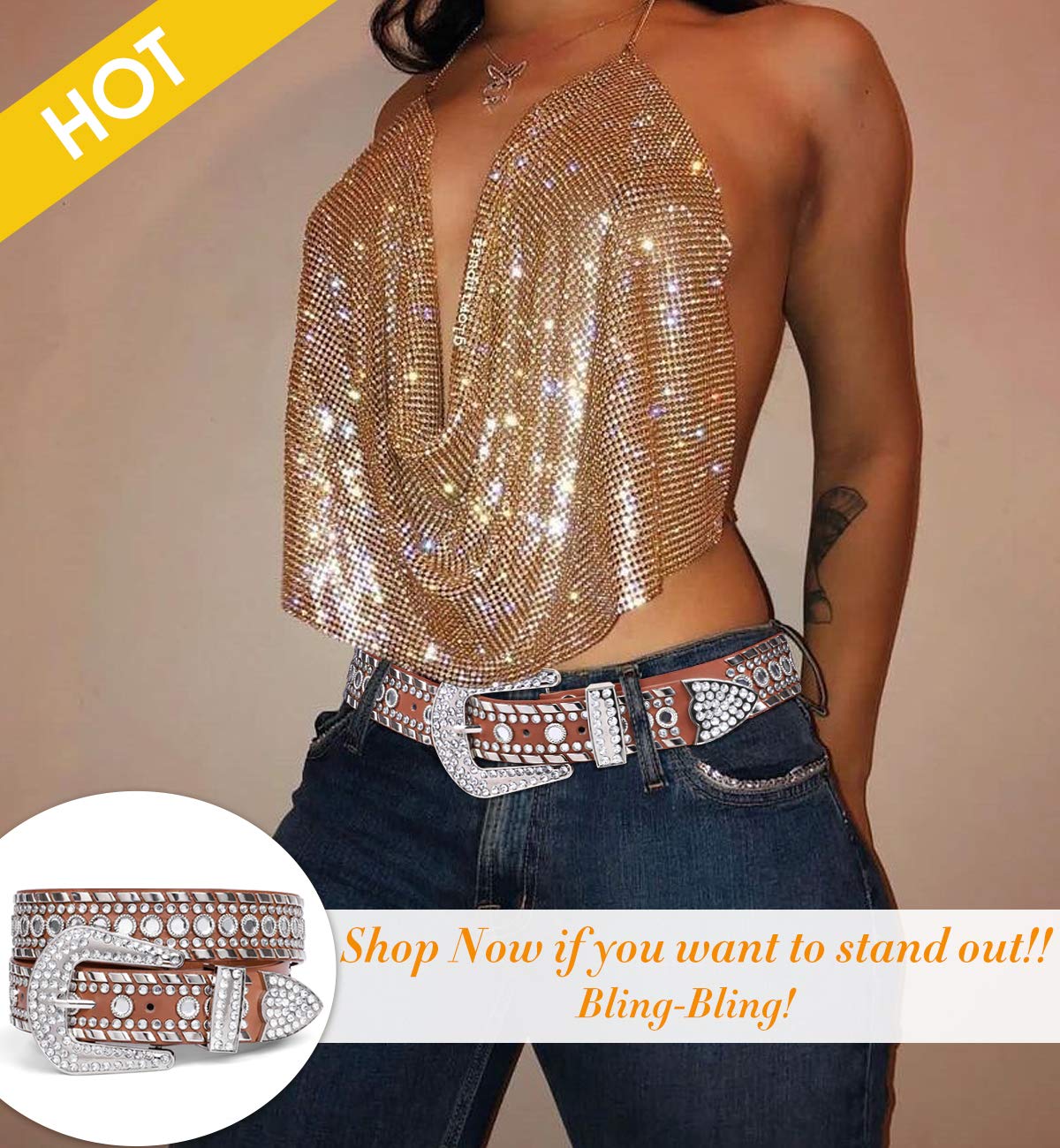SUOSDEY Rhinestone Belt for Men Women Western Cowboy Cowgirl Bling Studded Leather Belt for Jeans Pants,Brown,M