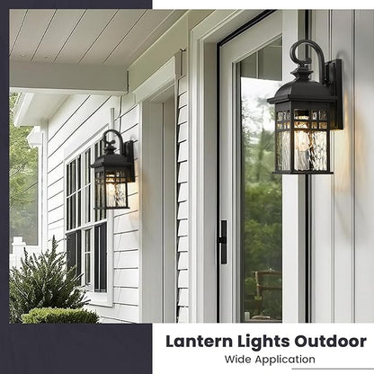 Outdoor Light Fixtures Black Aluminum Outside Wall Lantern with Water Ripple Glass Waterproof Wall Sconce Porch Lights for Patio Doorway 2-Pack E26 Socket